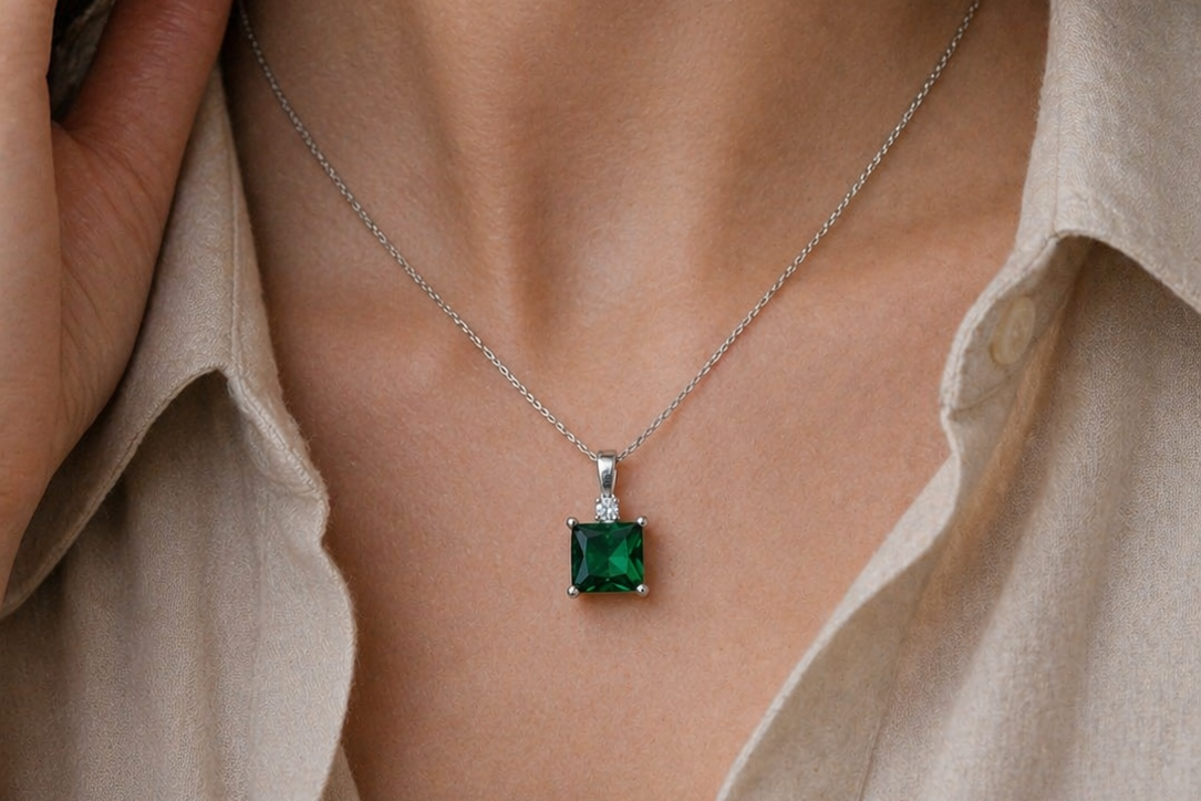 Nikshu Radiant Green Princess Cut Silver Pendant