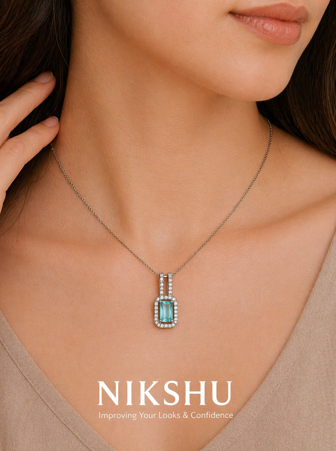 Nikshu Emerald Cut Sea Blue Crystal Halo Pendant