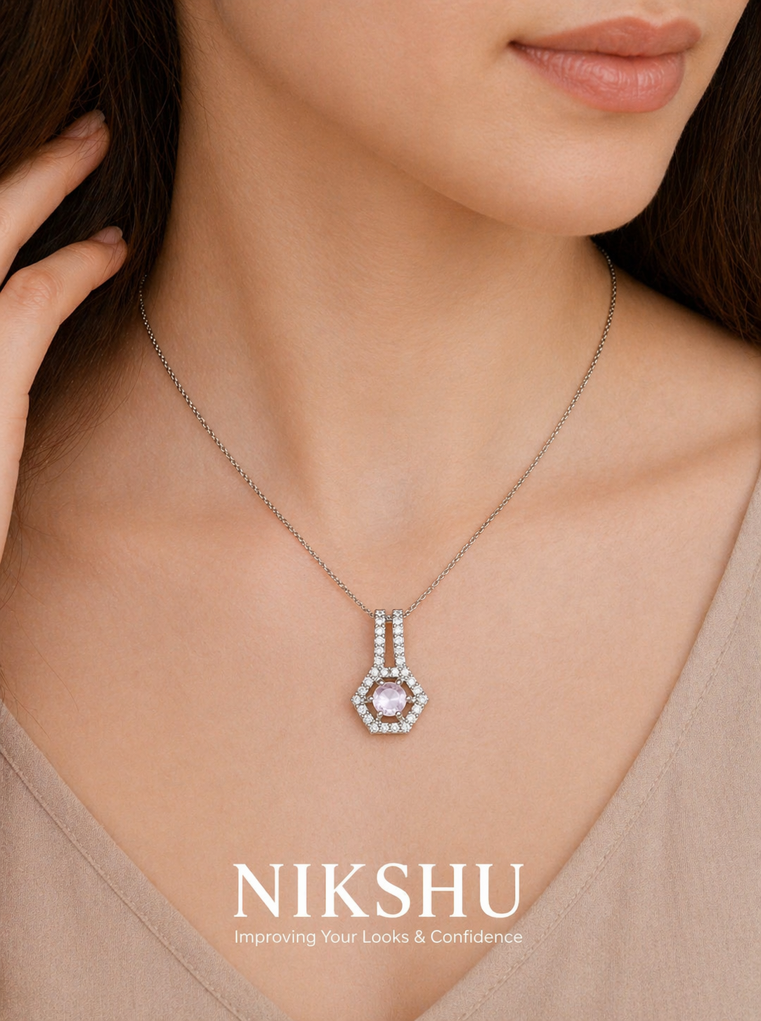 Nikshu Rose Pink Round Stone Hexagon Pendant