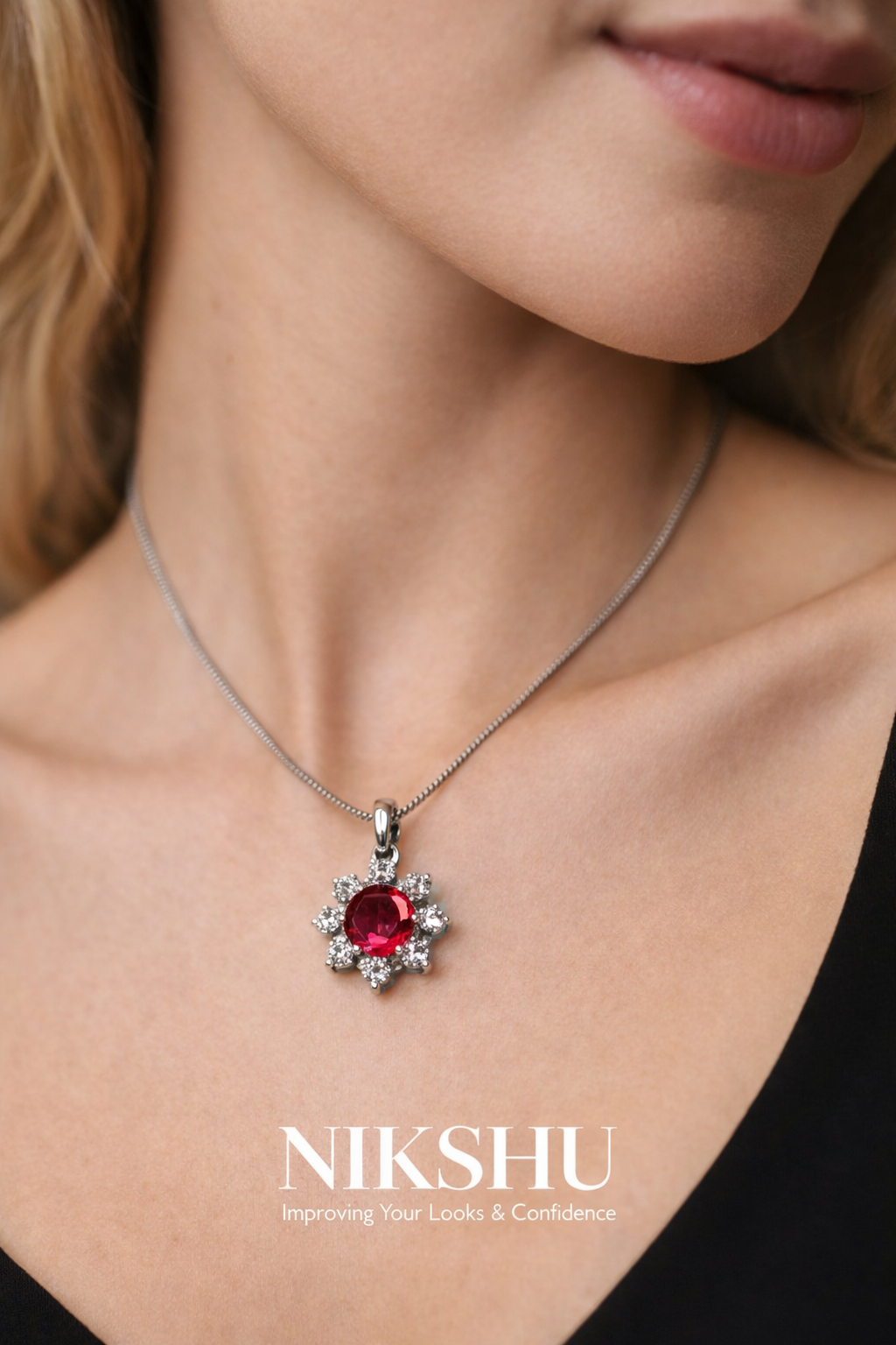 Nikshu Garnet Red Floral Cluster Pendant Necklace