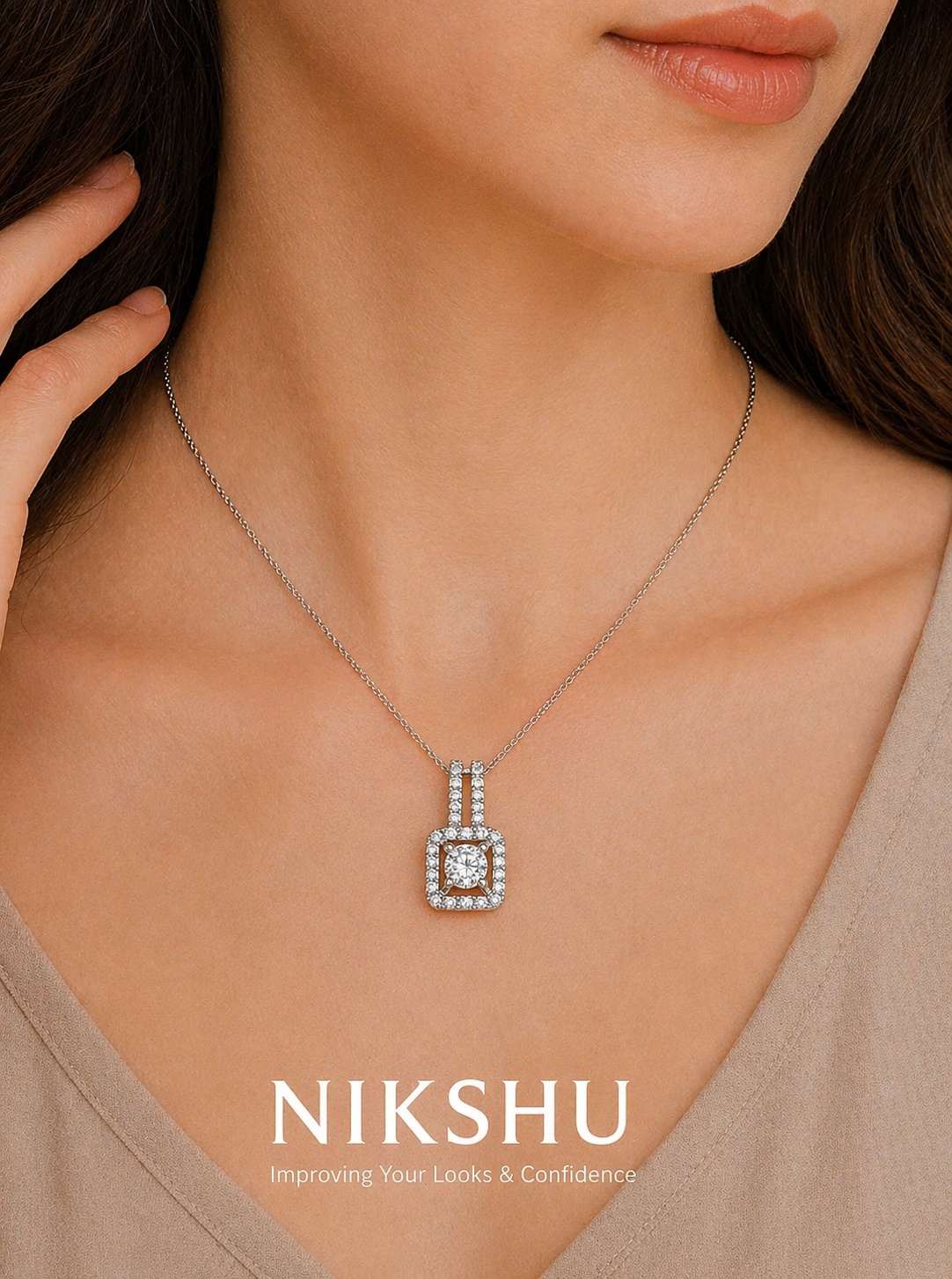 Nikshu Elegant Square Halo Solitaire Silver Pendant