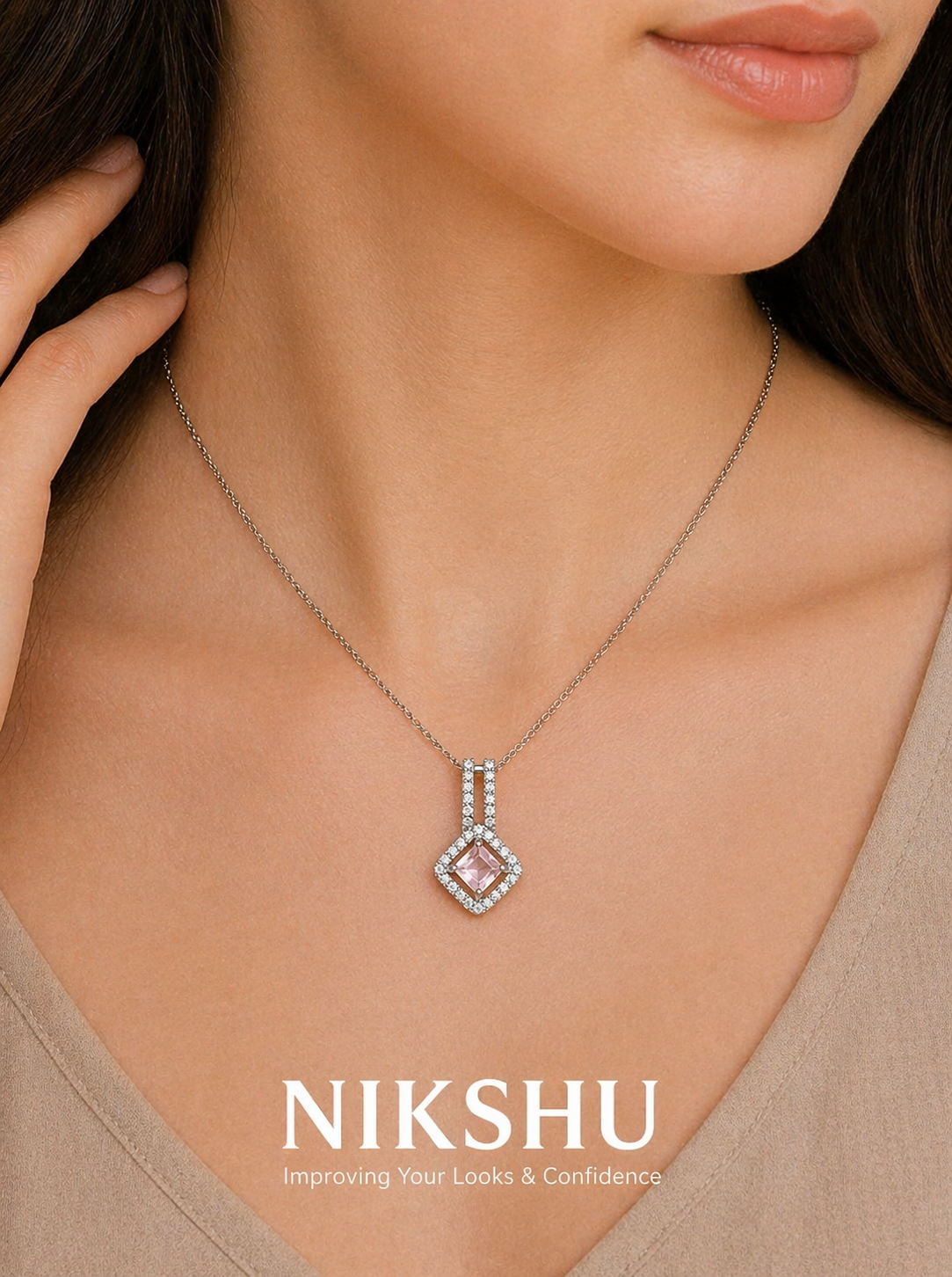 Nikshu Rose Pink Square Gemstone Silver Pendant