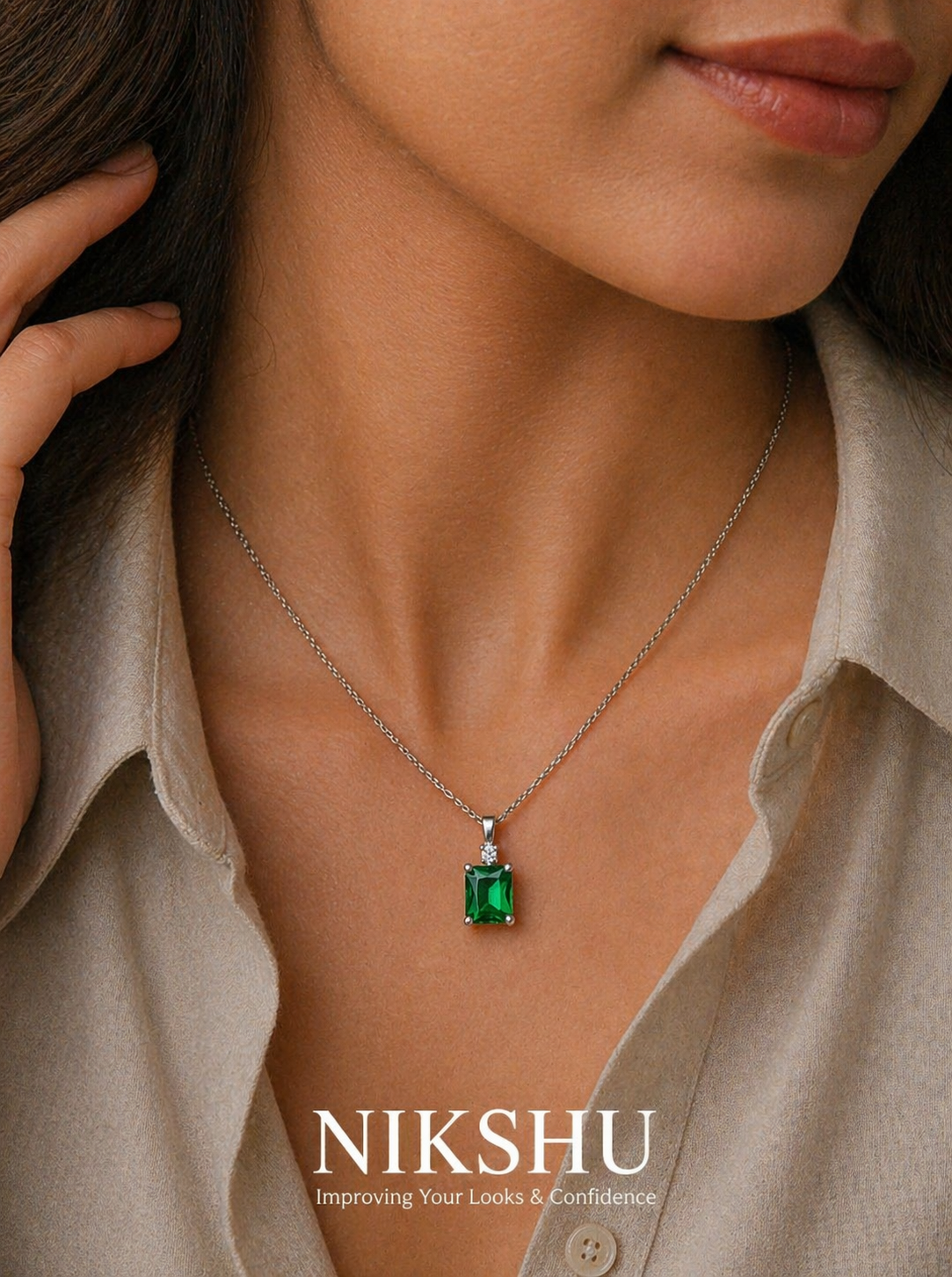 Nikshu Royal Green Emerald Cut Silver Pendant