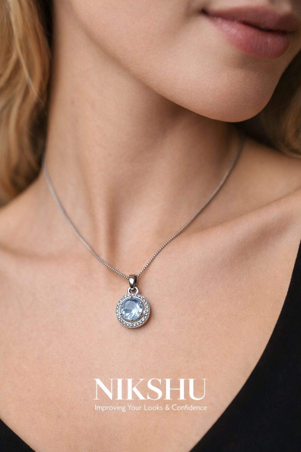 Nikshu Ocean White Round Crystal Halo Pendant Necklace