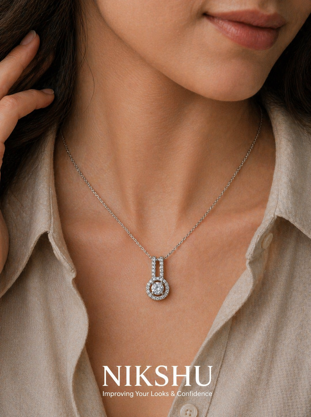 Nikshu Round Brilliance Halo Silver Drop Pendant