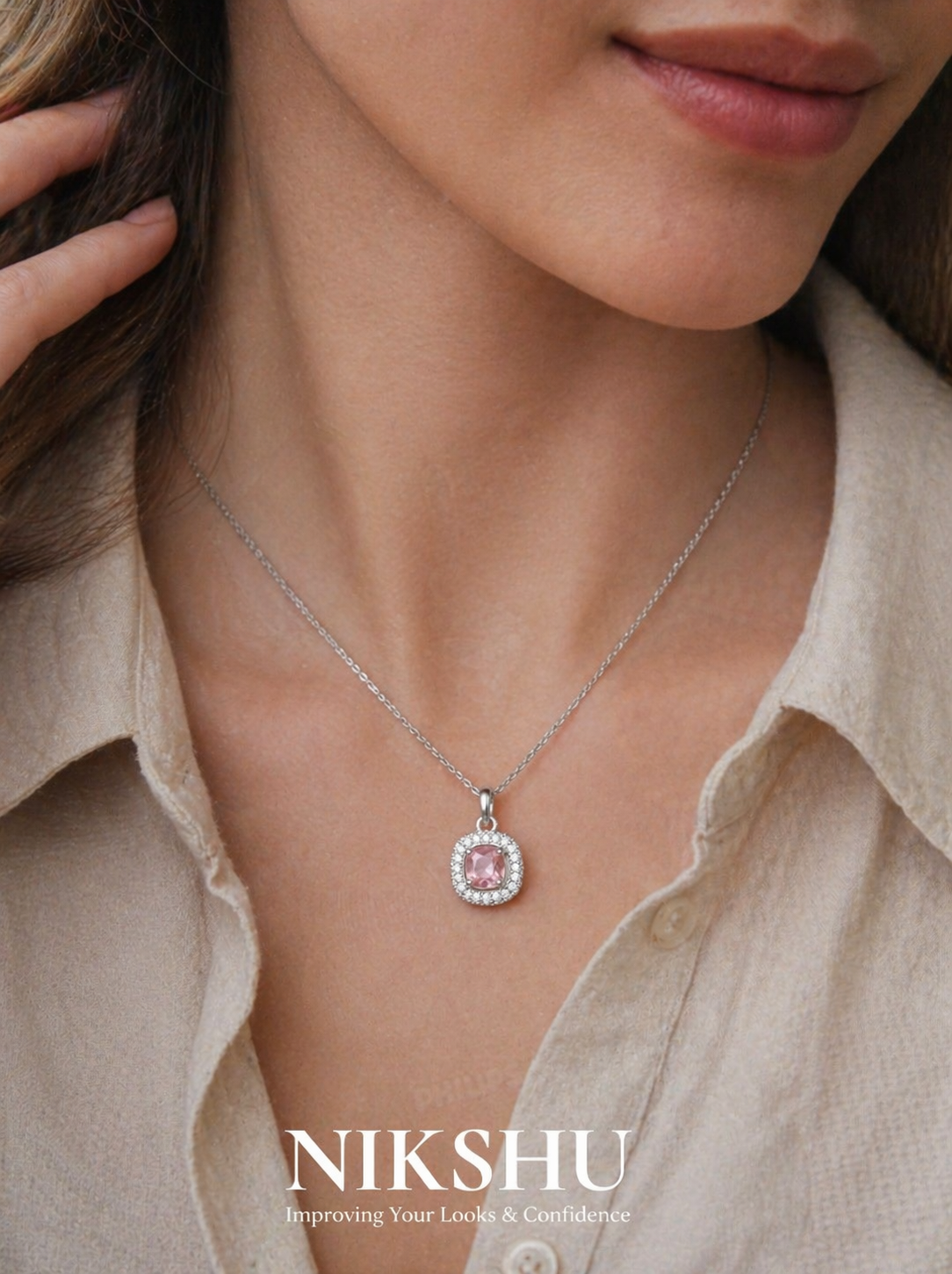 Nikshu Blush Pink Cushion Cut Halo Silver Pendant