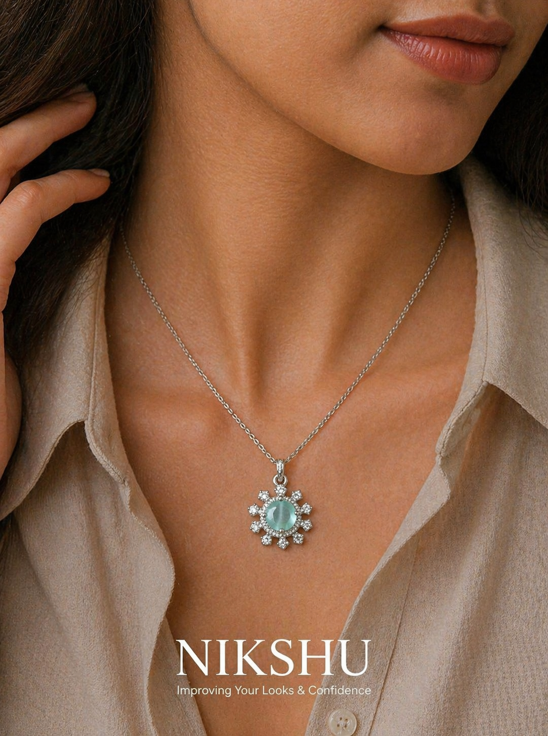Nikshu Mint Green Sunburst Halo Silver Pendant
