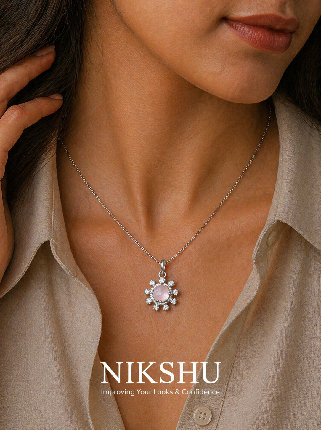 Nikshu Sunburst Rose Quartz Floral Silver Pendant