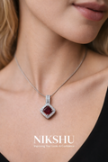 Nikshu Deep Wine Red Square Halo Pendant with Micro-Pave Stones