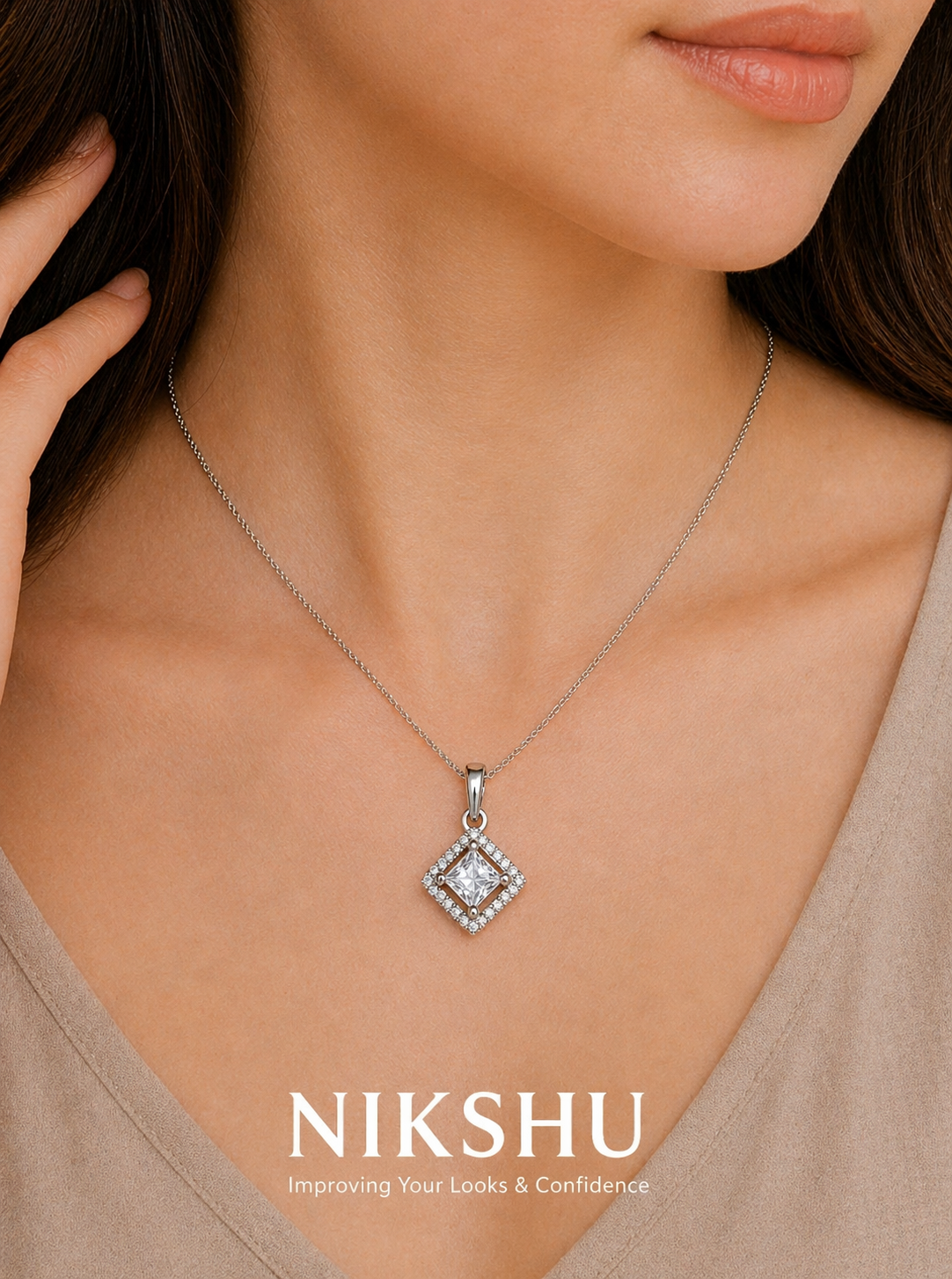 Nikshu Princess Cut Zirconia Square Halo Pendant