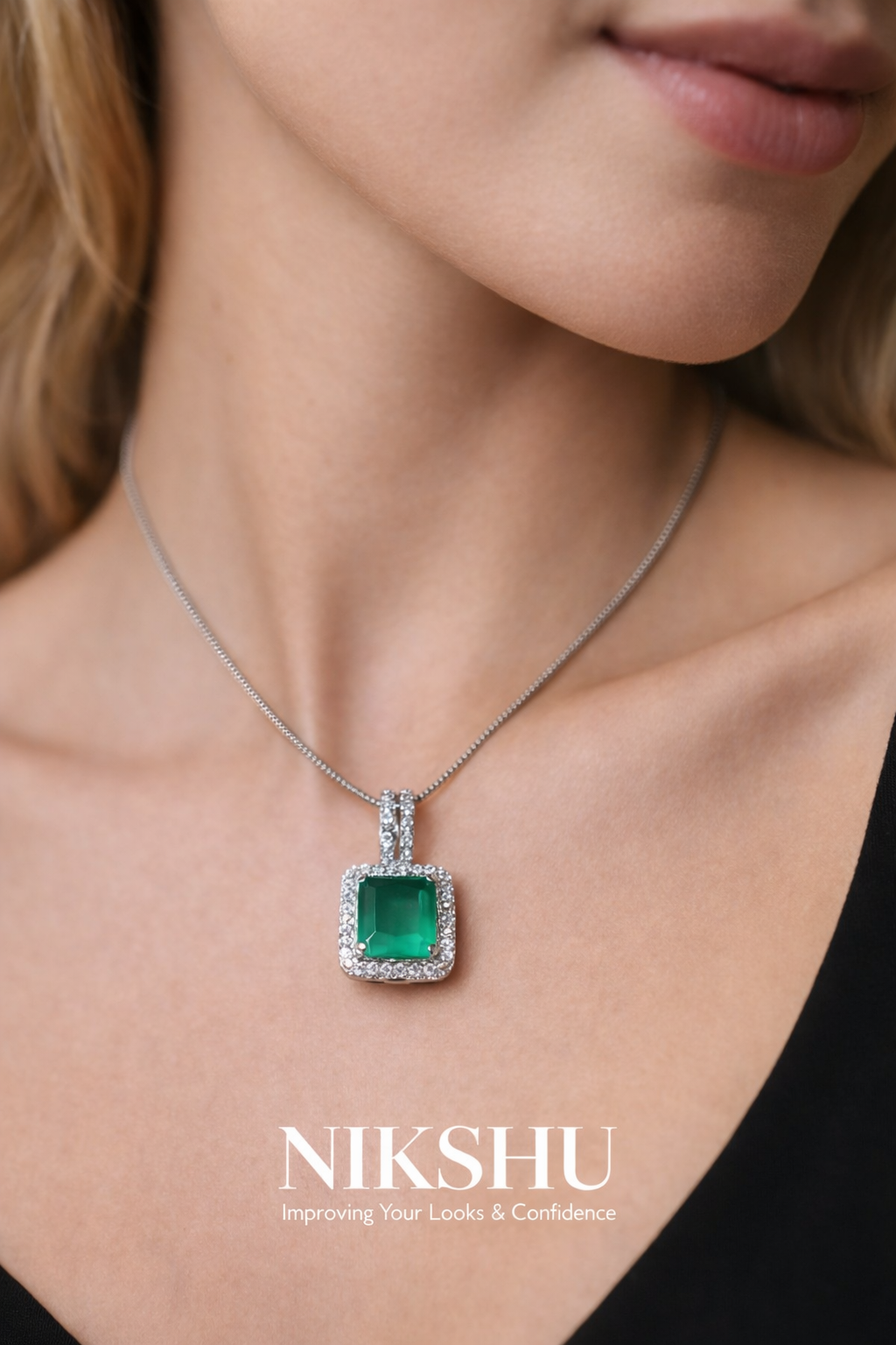 Nikshu Emerald Green Radiant-Cut Rectangular Pendant Necklace