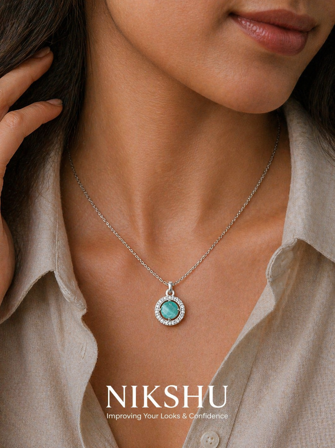 Nikshu Turquoise Blue Round Halo Silver Pendant