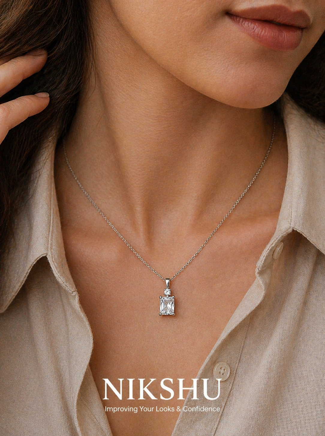 Nikshu Sleek Emerald Cut Clear Zirconia Silver Pendant